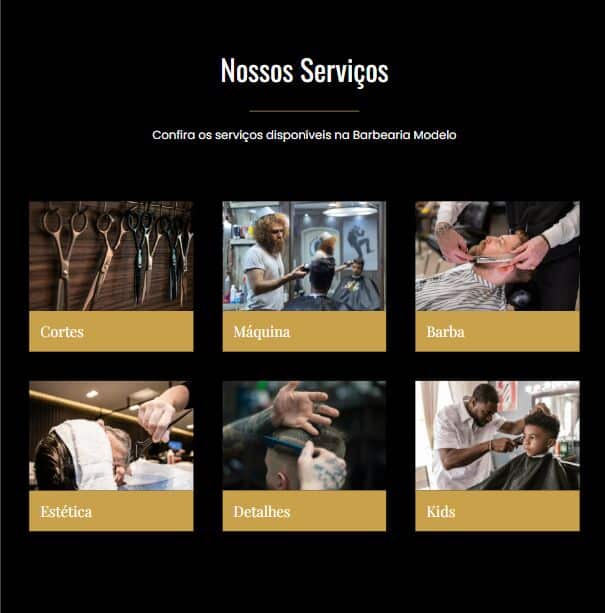 Seção de serviços de site para barbearia criado pela KenzoWebStudio em Taubaté, com 6 banners interativos destacando cortes de cabelo, barba e tratamentos masculinos.